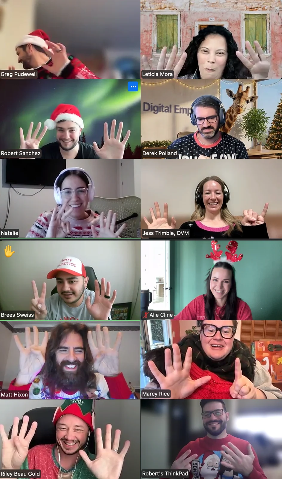 The Digital Empathy team on a video call together, twelve people waving and smiling at their cameras.