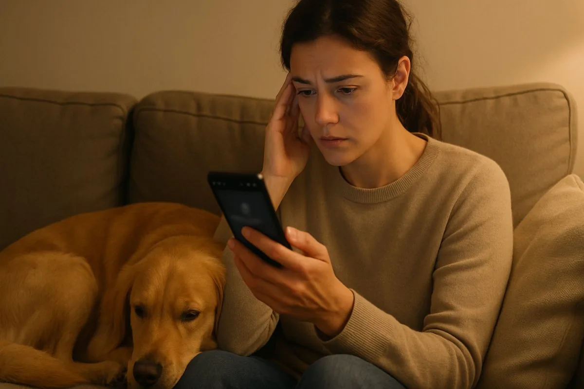 A pet owner reading her phone on the sofa, her dog resting beside her.