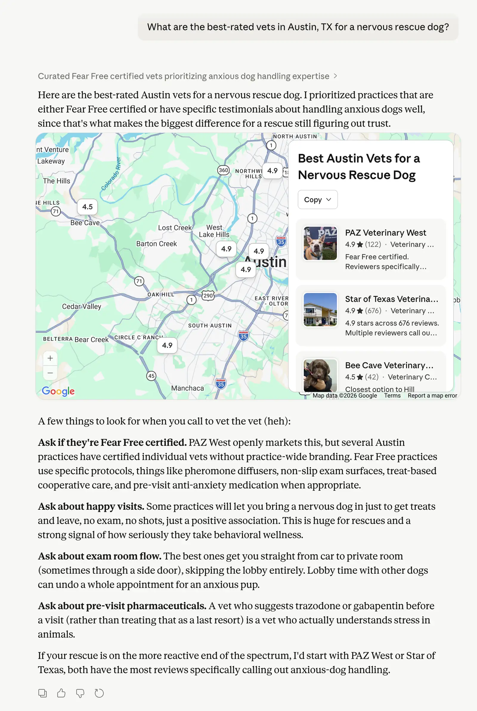Screenshot of a ChatGPT response listing three recommended Austin, TX vets for a nervous rescue dog, with star ratings, review counts, a map, and a coaching script.