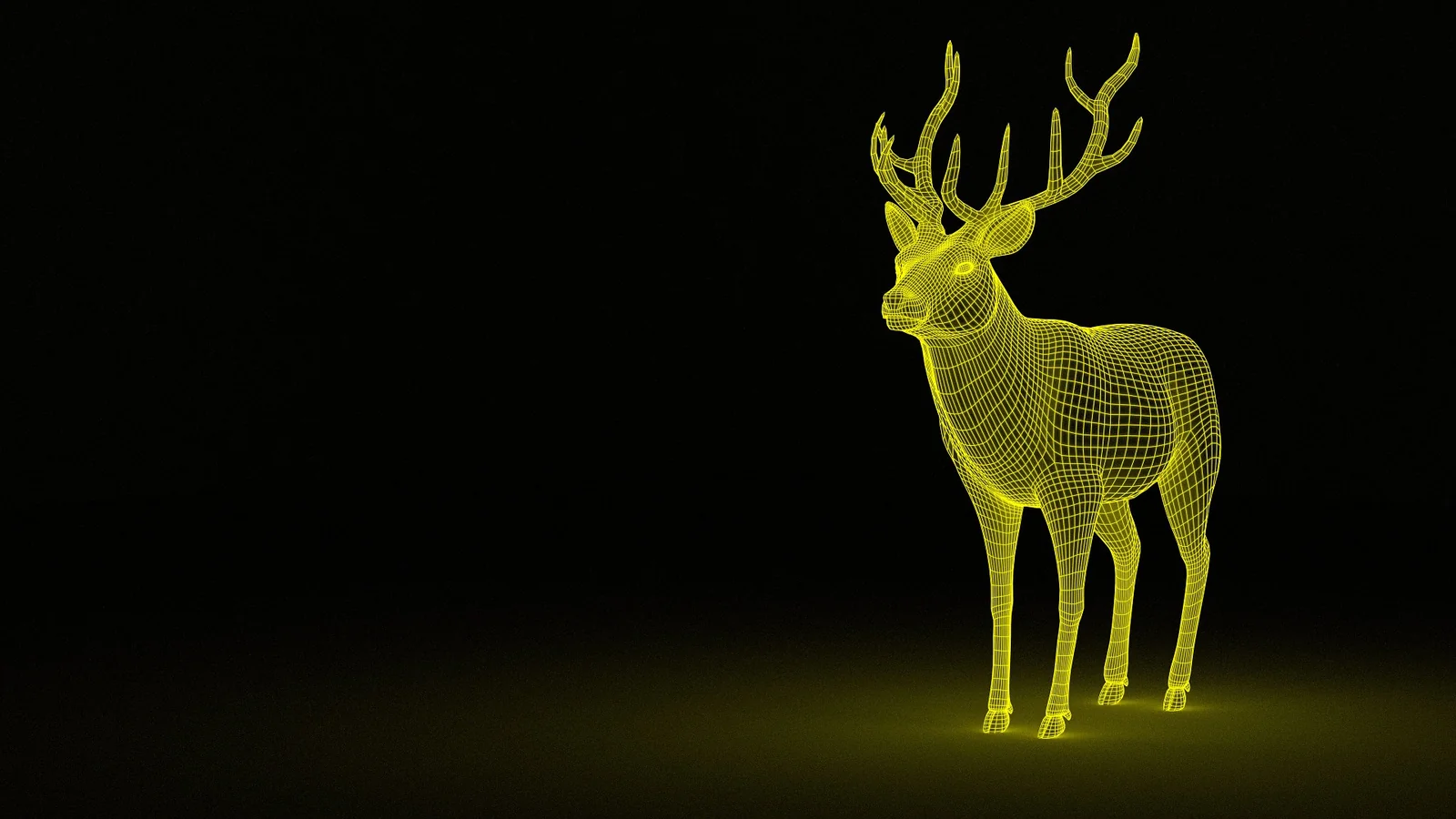 Glowing yellow 3D wireframe model of a stag with antlers on a black background