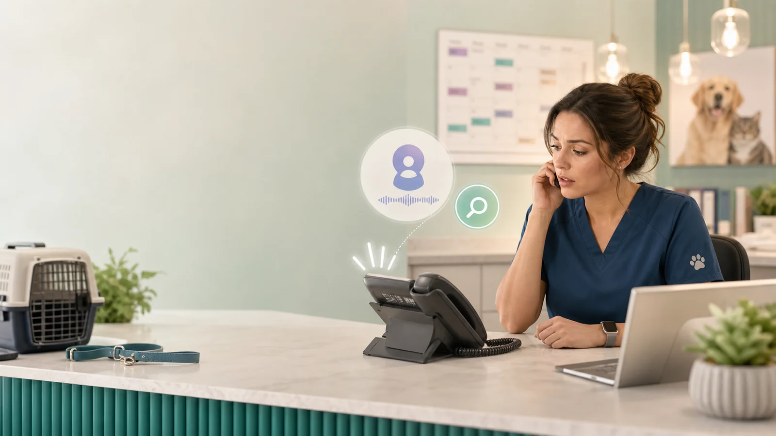 A woman in medical scrubs sits at a reception desk, talking on the phone. A cat carrier and leash are on the counter. Digital icons appear above the phone, and animal photos are on the wall in the background.