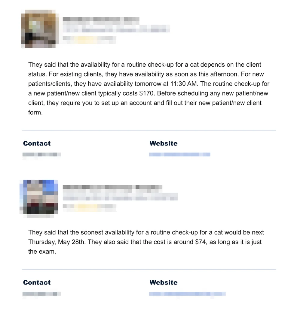Two text message excerpts display details from two veterinary clinics about cat check-ups, including appointment availability, costs ($170 and $74), and instructions for new clients. Contact and website information is shown below each excerpt.