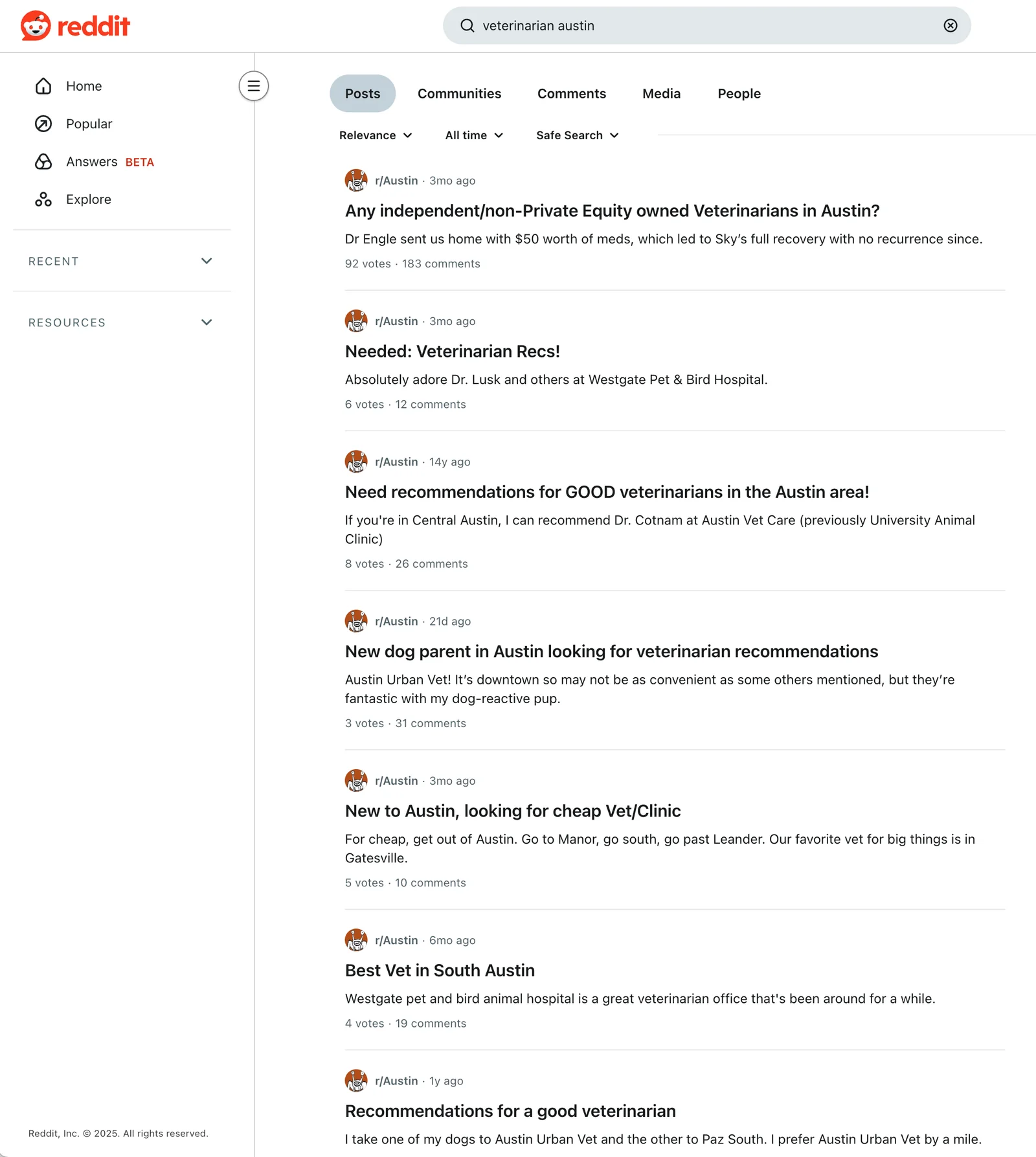 A screenshot of Reddit search results for "veterinarian austin." Several users discuss veterinary medicine, sharing recommendations and reviews of veterinarians, animal clinics, and affordable vet services. Use Reddit as a source of veterinary practice competitor research.