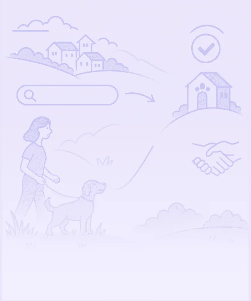 Illustration of a woman walking a dog in a hilly landscape, with houses, a search bar, a house with a check mark, and a handshake, representing searching for and finding a home.