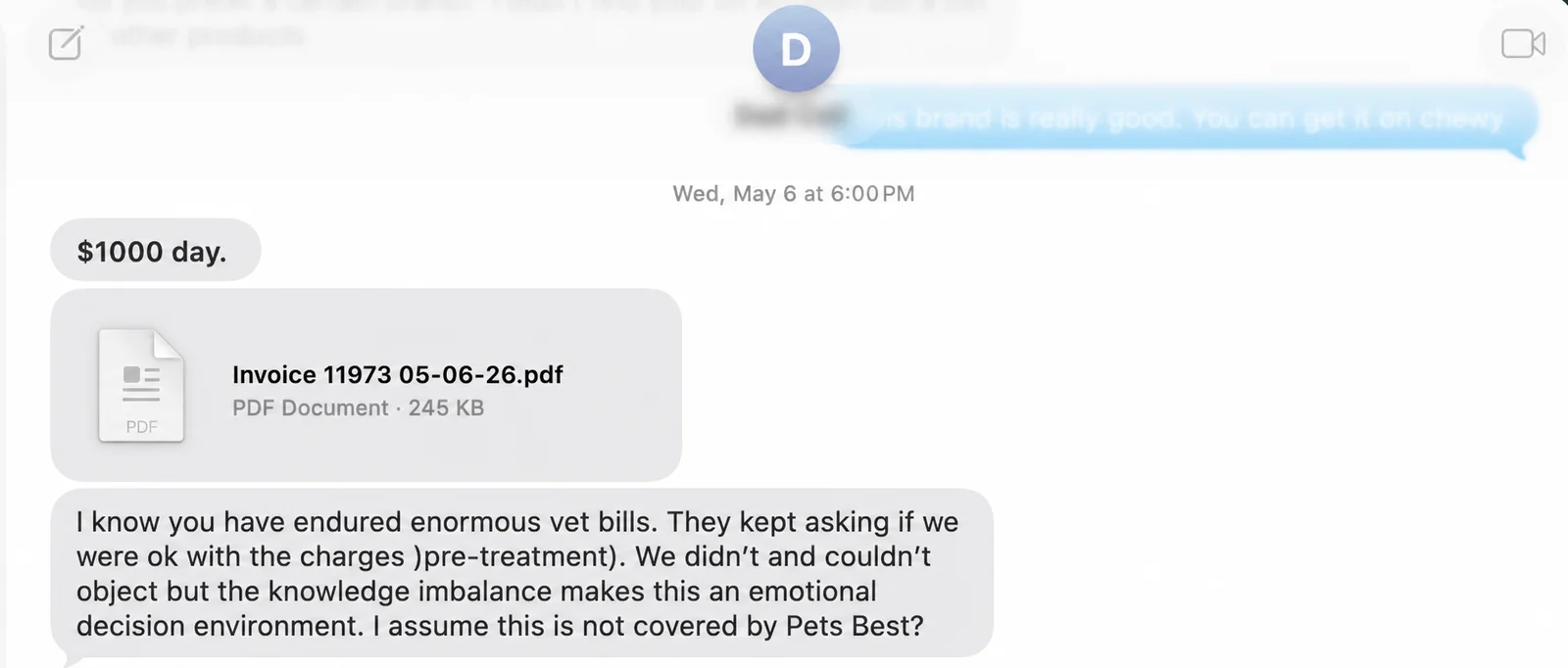 A screenshot of a text conversation shows a message about a $1000 veterinary invoice, a PDF file attached, and a discussion about high vet bills and insurance coverage. The sender expresses empathy about the costly charges.