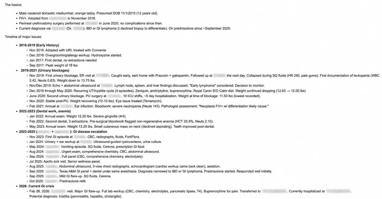 Screenshot of detailed medical notes for a male neutered domestic mediumhair orange tabby cat, including a timeline of major health events, diagnoses, tests, treatments, and medications from 2016 to 2024, with some text blurred.