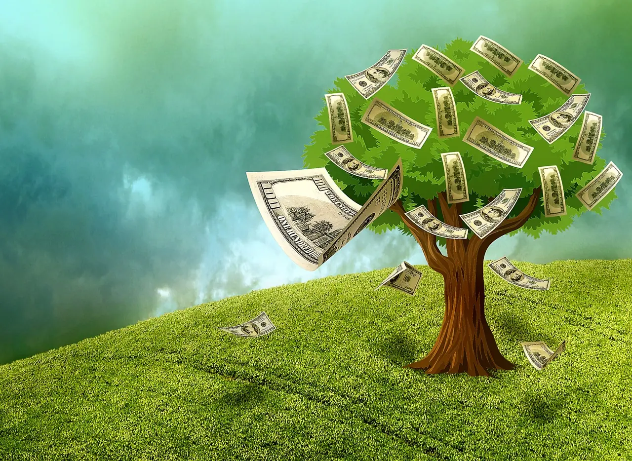 Illustration of a tree with hundred-dollar bills for leaves on a green hill