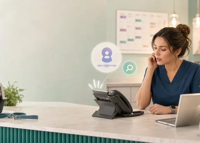 A front-desk team member on the phone at a veterinary practice.