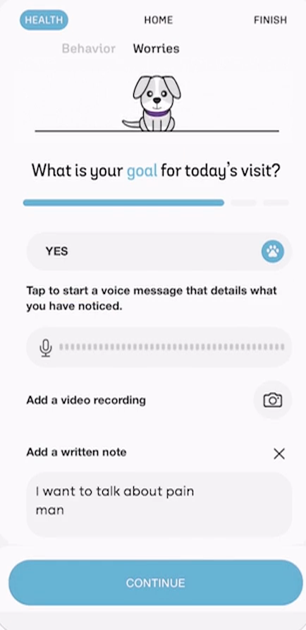 A Spotlight check-in screen on a pet owner&rsquo;s phone, asking &ldquo;What is your goal for today&rsquo;s visit?&rdquo; with options to record a voice message, add a video, or type a note.