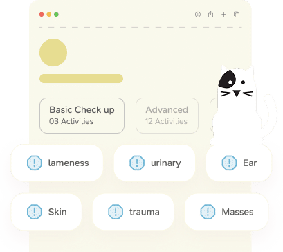 Spotlight&rsquo;s symptom modules for a sick visit: a Basic Check up tab of three activities beside an Advanced tab of twelve, above options for lameness, urinary, ear, skin, trauma and masses.