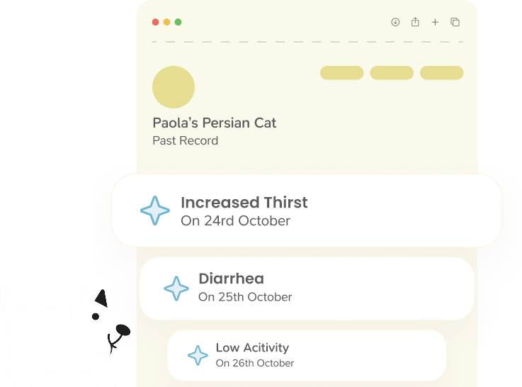 A pet&rsquo;s record open in Spotlight &mdash; Paola&rsquo;s Persian Cat, past record &mdash; with three findings raised out of it: increased thirst on 24 October, diarrhea on 25 October and low activity on 26 October.