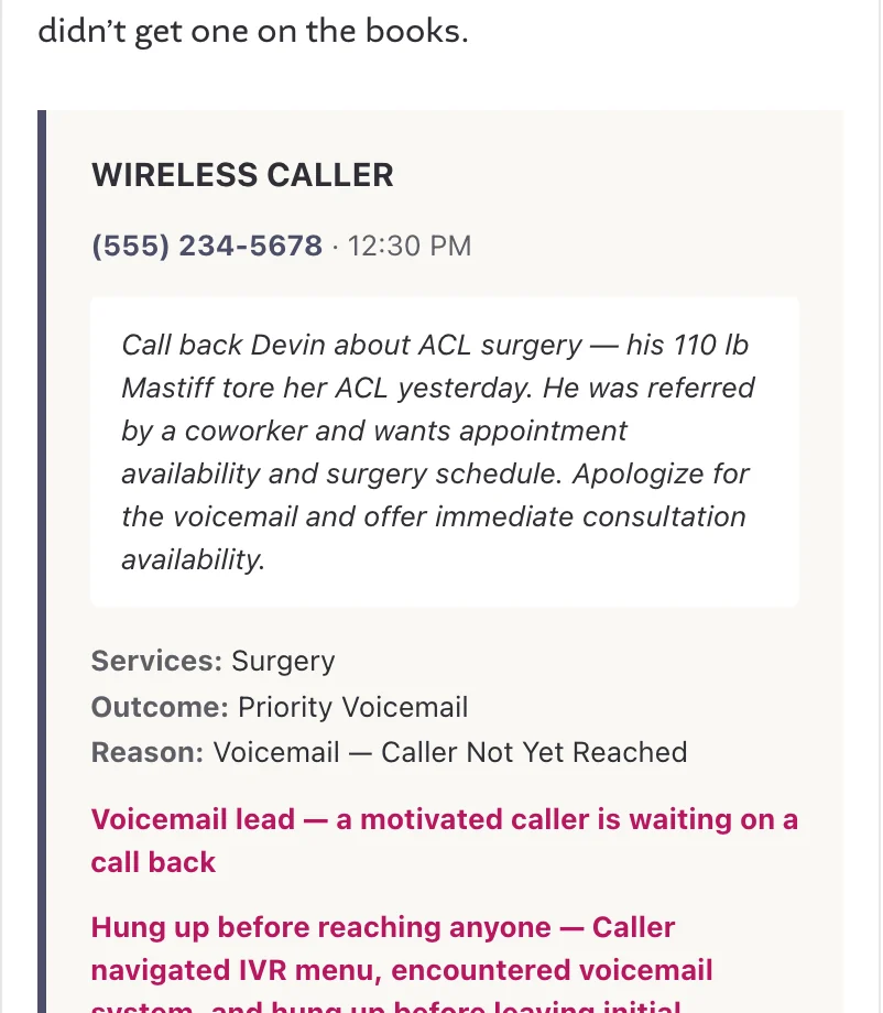 The Vet Call Insights daily callback email for the front desk: one caller yesterday wanted an appointment and did not get one, with who called, why, and what to say when calling them back.